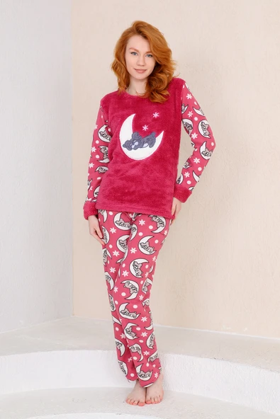 Kışlık Uzun Kollu Bayan Peluş Polar Pijama Takımı İpeksi Doku - 8