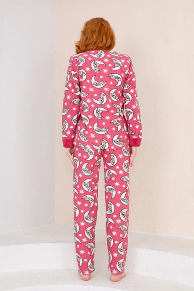 Kışlık Uzun Kollu Bayan Peluş Polar Pijama Takımı İpeksi Doku - 9