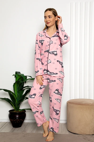 Bayan Kışlık Welsoft Peluş İnci Polar Düğmeli Pijama Takımı 'İpeksi Doku' - 12