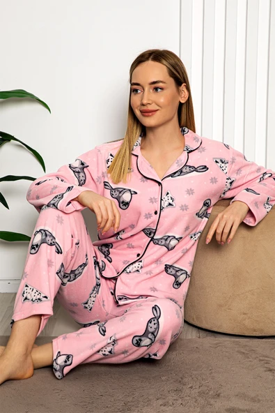 Bayan Kışlık Welsoft Peluş İnci Polar Düğmeli Pijama Takımı 'İpeksi Doku' - 10