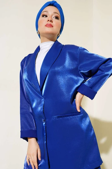 Tek Düğmeli Saten Takım Saks - Resim 2