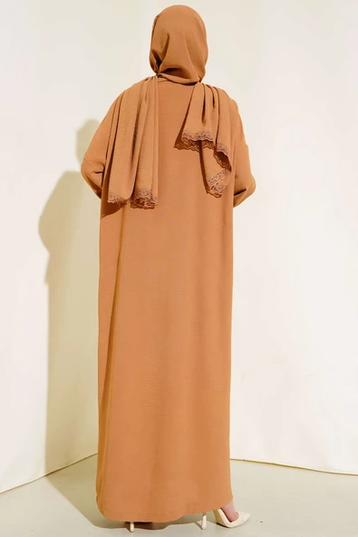 Şal Modelli Kol Lastikli Ferace Camel - Resim 3