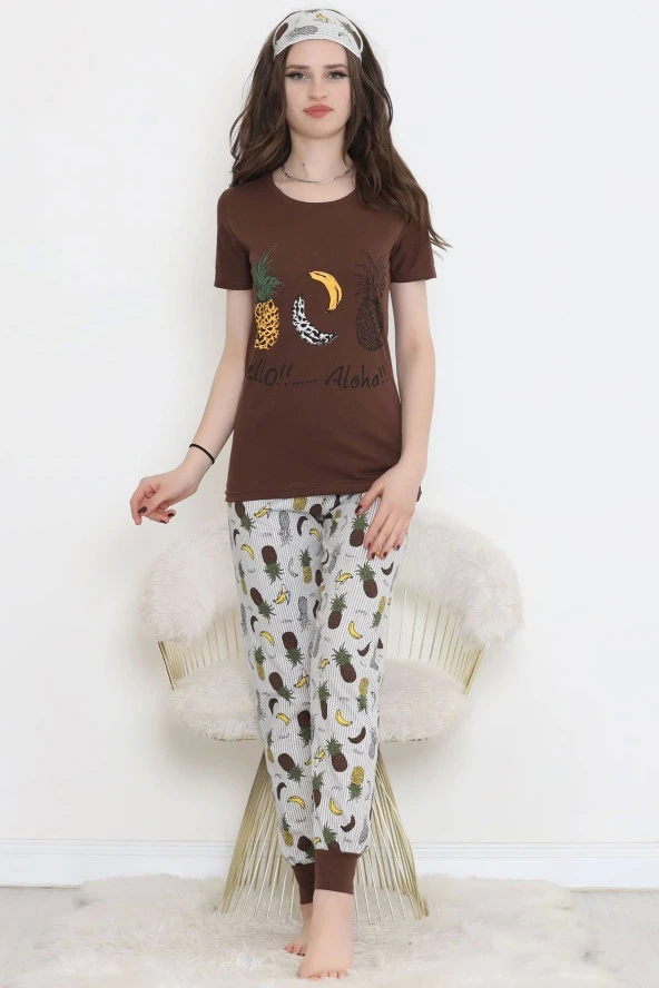 Desenli Pijama Takımı Kahvesarı