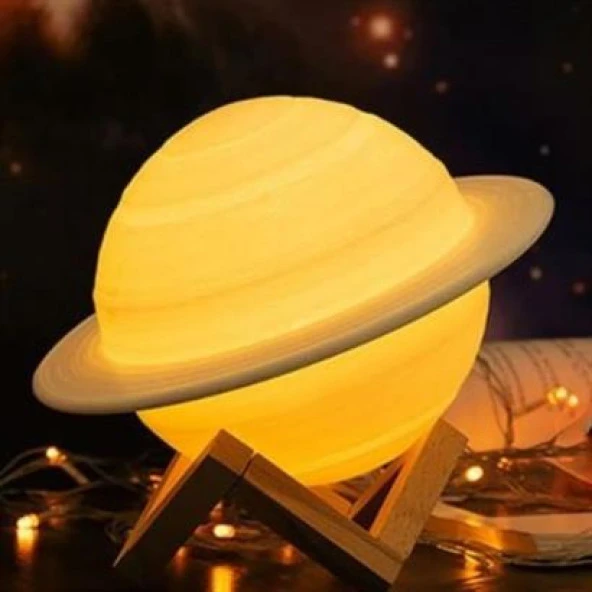 Periboia 3D Print Satürn Dokunmatik Gezegen Ahşap Stantlı 3 Renk USB Şarjlı Gece Lambası
