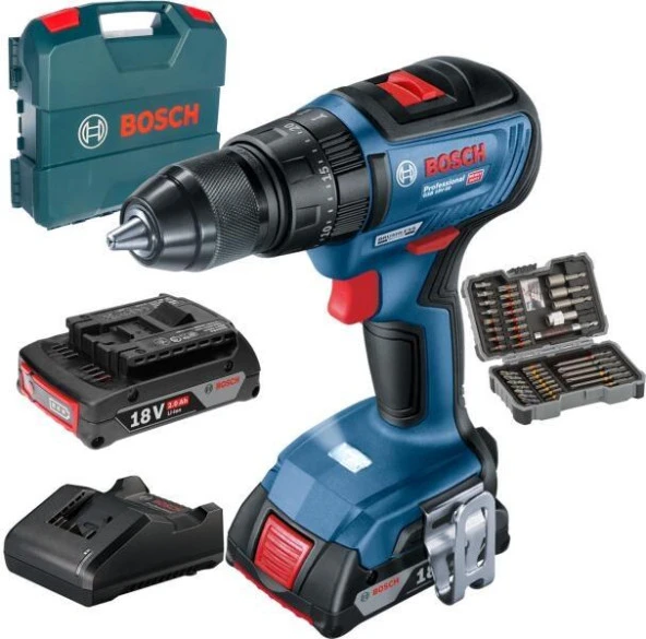 Bosch GSB 18V-50 + 43 Parça Aksesuar Seti  Kömürsüz Akülü Darbeli Vidalama 0.615.990.M8K