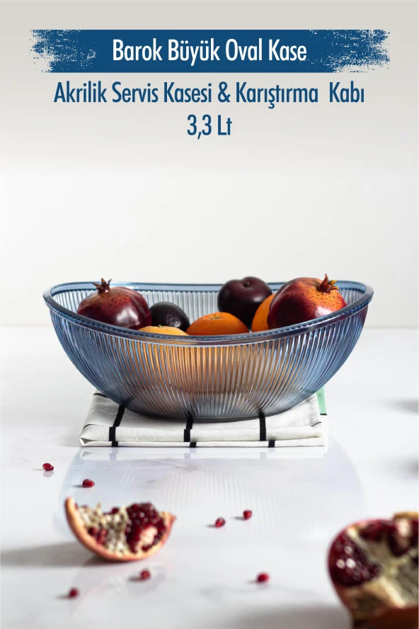 Akrilik Barok Lacivert Büyük Oval Meyve & Salata Kasesi & Karıştırma Kabı / 3,3 Lt  (CAM DEĞİLDİR)