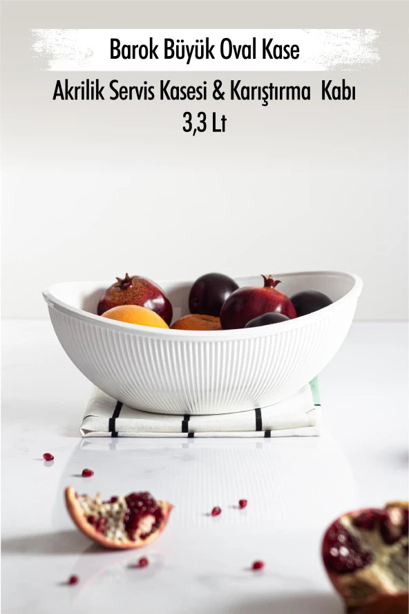 Akrilik Barok Beyaz Büyük Oval Meyve & Salata Kasesi & Karıştırma Kabı / 3,3 Lt  (CAM DEĞİLDİR)