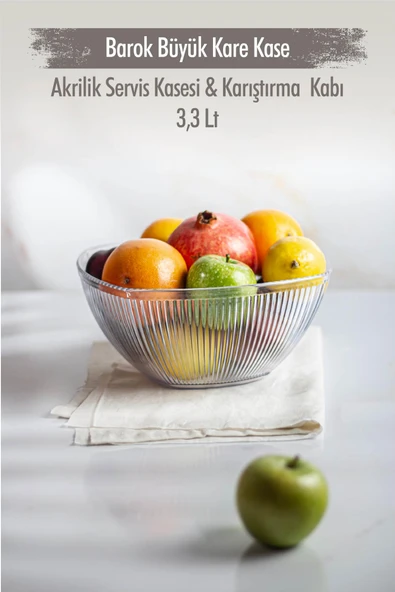 Akrilik Barok Şeffaf Büyük Kare Meyve & Salata Kasesi & Karıştırma Kabı / 3,3 Lt  (CAM DEĞİLDİR) ürün görseli 1