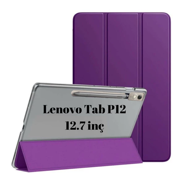 Lenovo Tab P12 12.7inç TB370FU Kalem Bölmeli Kılıf PU Deri Smart Standlı Case - 3