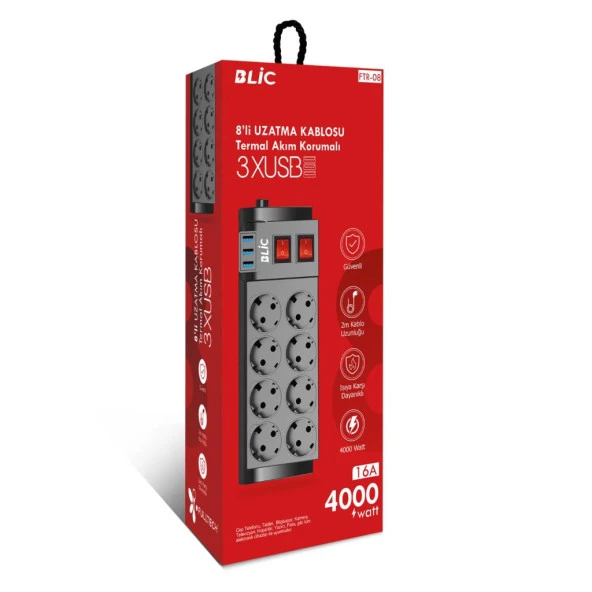 Blic Termal Akım Korumalı 8 Li Uzatma Kablosu  3XUsb 2 Mt 16 Amper FTR-08 - 2