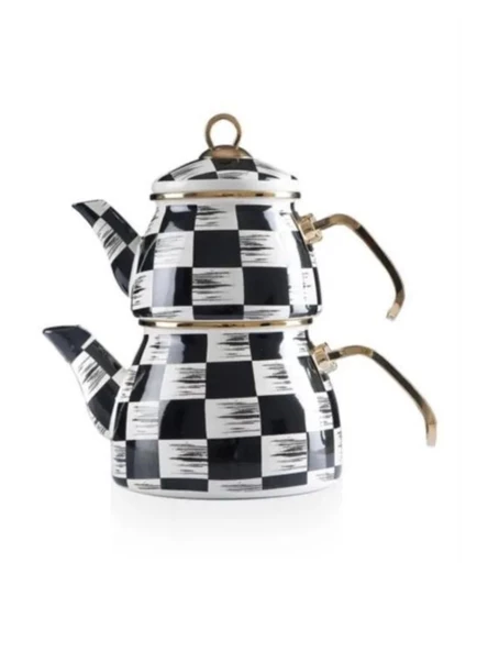 Acar XAP6375 Gold Kulplu Dama Desenli Emaye Alt/Üst Çaydanlık - Resim 2