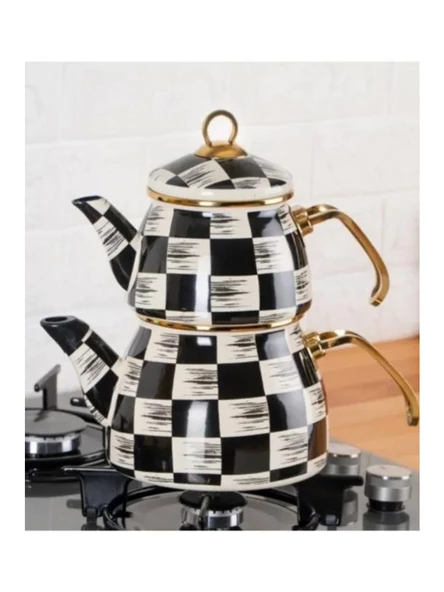 Acar XAP6375 Gold Kulplu Dama Desenli Emaye Alt/Üst Çaydanlık ürün görseli