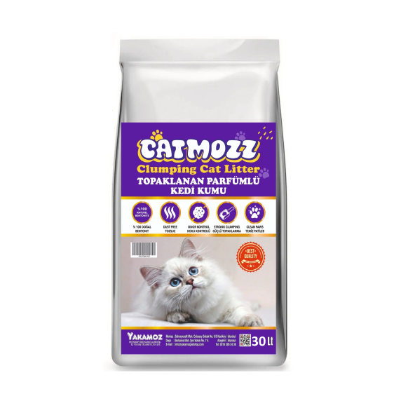 CatMozz Premium Topaklanan Özel Parfümlü Bentonit İnce Beyaz Kedi Kumu Maxi Paket 30 Lt