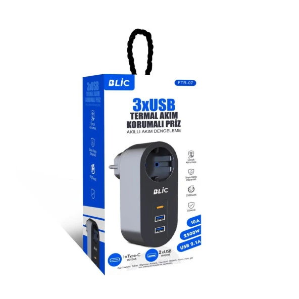 Blic Termal Akım Korumalı, Isıya Dayanıklı Tekli Priz 2xUSB 1xType C FTR-07 - 2