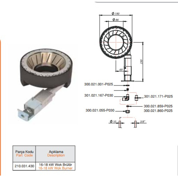 19 cm 16-18 KW Wok Süper Brülör Çift Yanış Nikel Kromlu Tüp-Doğalgaz - 2