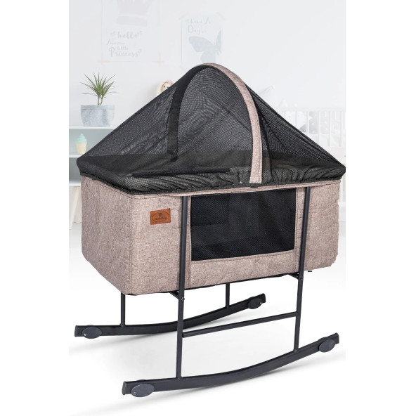 Rubi Portatif Sallanır Anne Yanı Fileli Keten Kumaş Beşik - 2