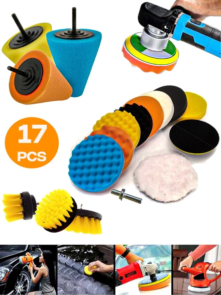Germany Style 17 Parça Pasta Cila Oto Jant Temizleme Koltuk Yıkama Sünger Fırça Seti Matkapa Uyum