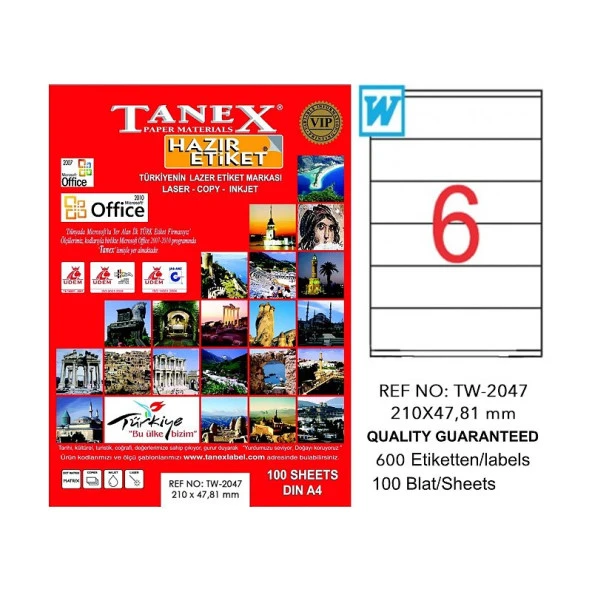 TANEX 2047 LASER ETİKET 210x47.81mm 6x100 600 ADET