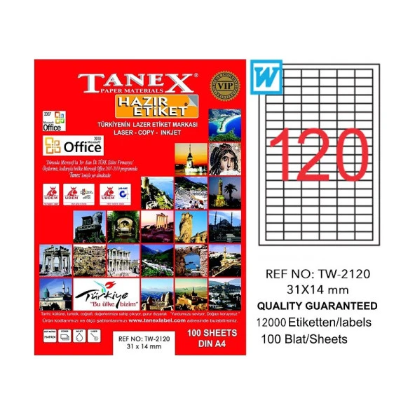 TANEX 2120 LASER ETİKET 31x14mm 20x100 2000 ADET