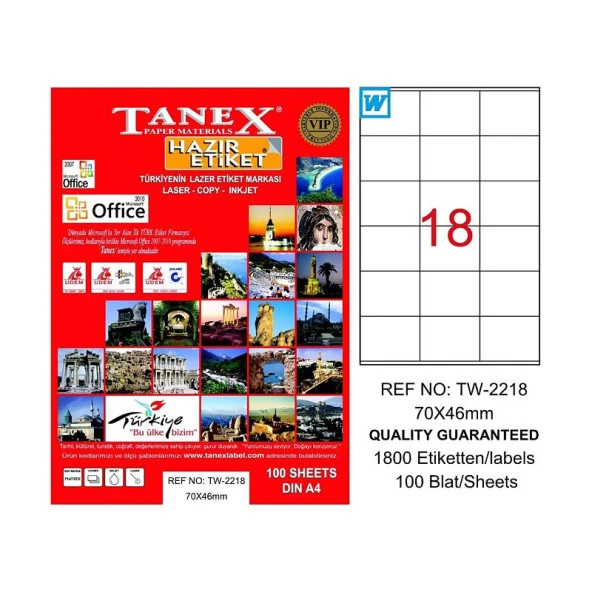 TANEX 2218 LASER ETİKET 70x46mm 18x100 1800 ADET