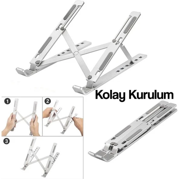 Torima JX-18 Laptop Stand MacBook Notebook Katlanabilir Taşınabilir Metal Standı Gümüş - 3