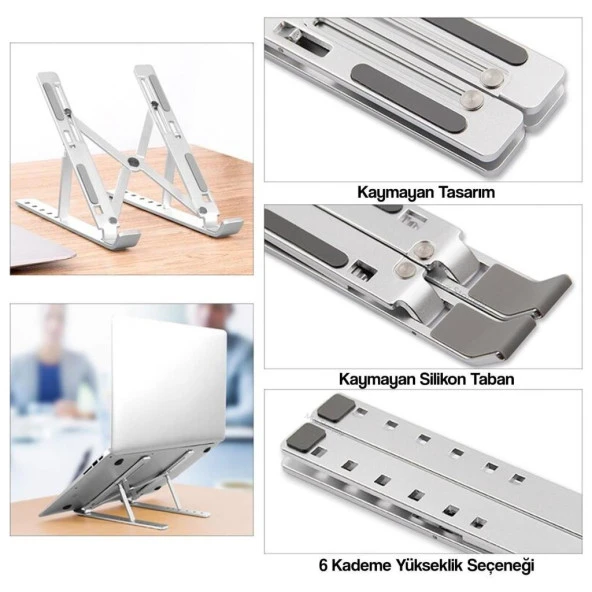 Torima JX-18 Laptop Stand MacBook Notebook Katlanabilir Taşınabilir Metal Standı Gümüş - 11