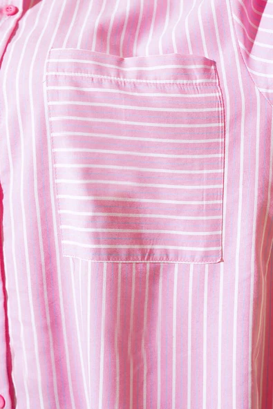 Çizgili Tep Cepli Oversize Gömlek Pembe - 4