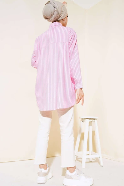 Çizgili Tep Cepli Oversize Gömlek Pembe - 3