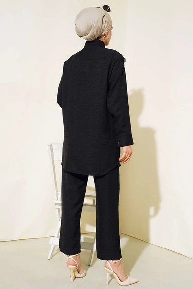 Dantel Detaylı Keten İkili Takım Siyah - Resim 3