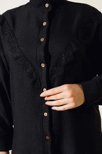 Dantel Detaylı Keten İkili Takım Siyah - Resim 4