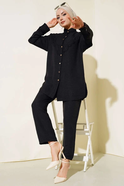 Dantel Detaylı Keten İkili Takım Siyah ürün görseli 1