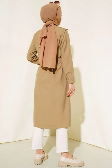 Bel Kuşaklı Düğmeli Trençkot Latte - 3
