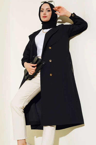 Bel Kuşaklı Düğmeli Trençkot Siyah
