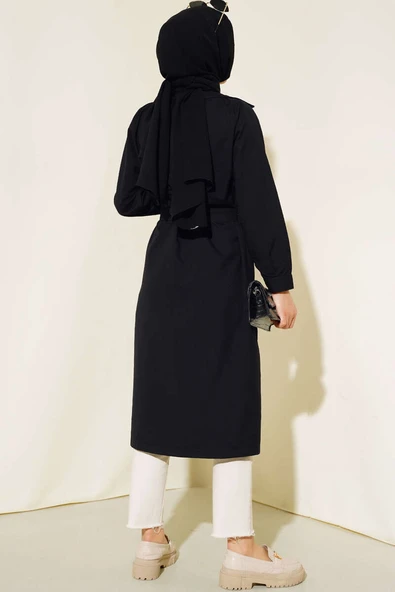 Bel Kuşaklı Düğmeli Trençkot Siyah - 3