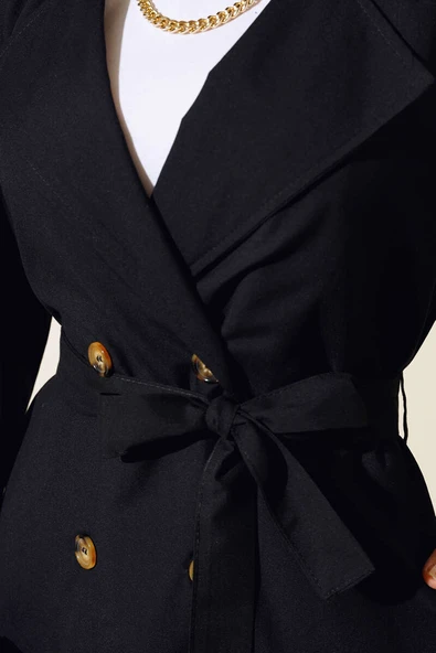 Bel Kuşaklı Düğmeli Trençkot Siyah - 4