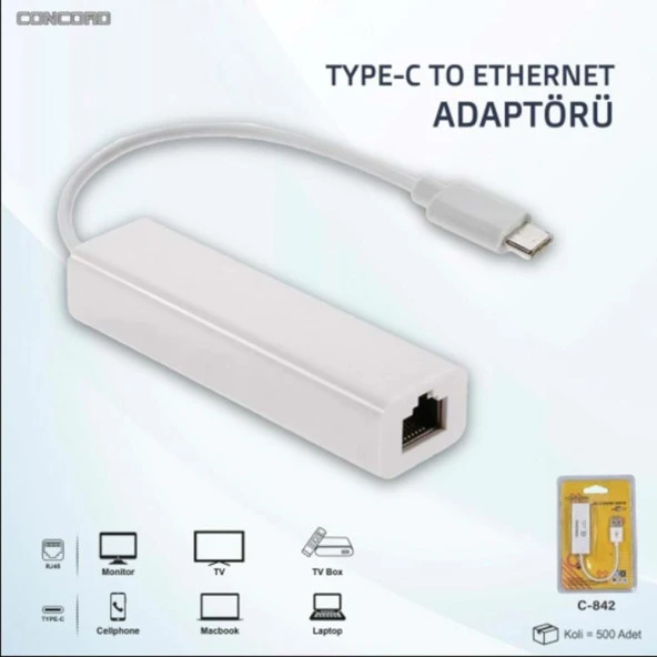 Tahtakale Teknoloji Dünyası Usb To Lan RJ45 To Type-c Ethernet Çevirici