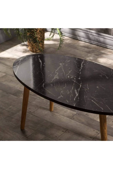 Orta Sehpa Ahşap Torna Elips Siyah Mermer Desen - Resim 2