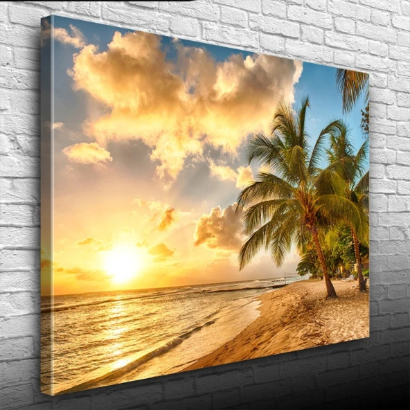 Kumsalda  Palmiyeler ve Günbatımı Kanvas Tablo 50 x 70