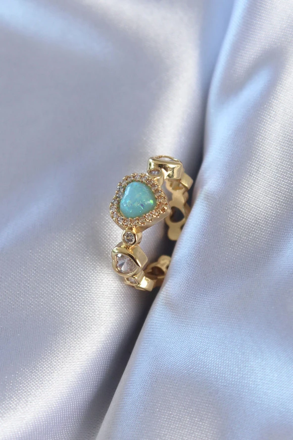 Gold Renk Zirkon Taşlı Turkuaz Renk Kalp Model Pirinç Kadın Yüzük - TJ-BYK2772 ürün görseli 1