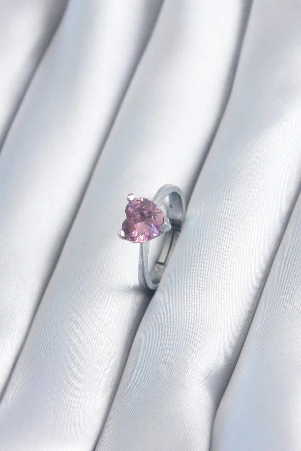 Gümüş Renk Pembe Zirkon Taş Kalp Model Kadın Yüzük - TJ-BYK2879 ürün görseli 1