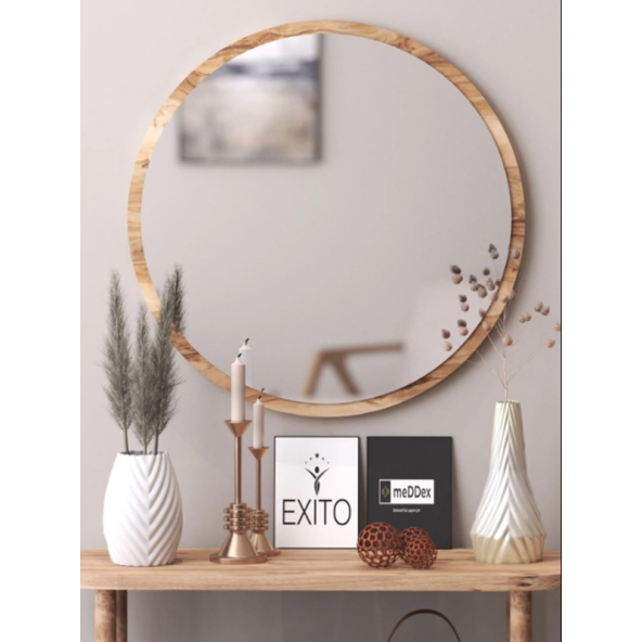 Dekoratif Açık Ceviz Yuvarlak Antre Hol Koridor Duvar Salon Banyo Wc Ofis Aynası Konsol Aynası 50 cm - 3