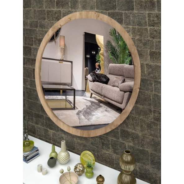 Dekoratif Açık Ceviz Yuvarlak Antre Hol Koridor Duvar Salon Banyo Wc Ofis Aynası Konsol Aynası 50 cm - 6