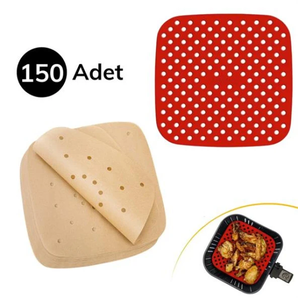 150 Adet Kullan-At Delikli Kare Model Pişirme Kağıdı Ve Kare Kırmızı Pişirme Matı 21,5Cm (4453)
