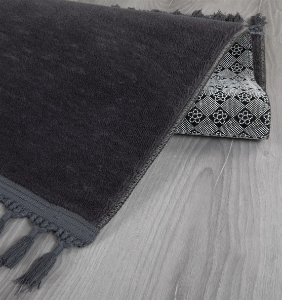 Modern Dekoratif Yuvarlak Puffy Peluş Ponpon Saçaklı Salon Oturma Odası Halısı Antrasit - Resim 4