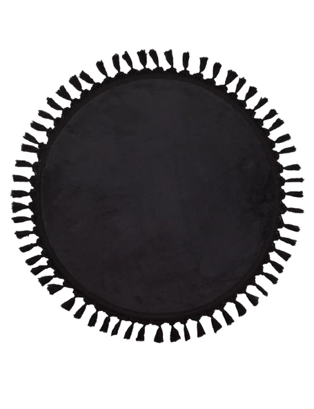 Modern Dekoratif Yuvarlak Puffy Peluş Ponpon Saçaklı Salon Oturma Odası Halısı Antrasit - Resim 2