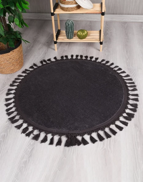 Modern Dekoratif Yuvarlak Puffy Peluş Ponpon Saçaklı Salon Oturma Odası Halısı Antrasit ürün görseli 1