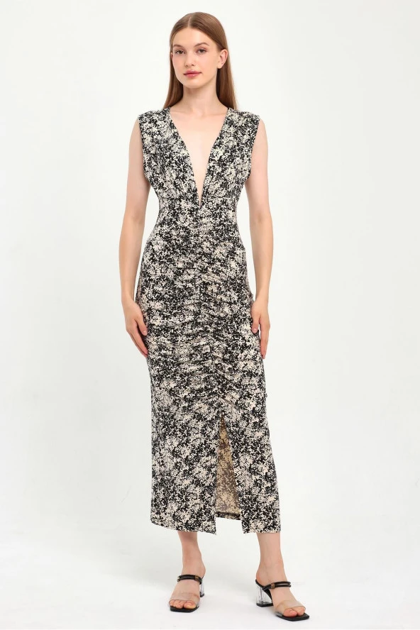 ÖNÜ BÜZGÜLÜ YIRTMAÇLI ELBİSE (B23-00142) - 2