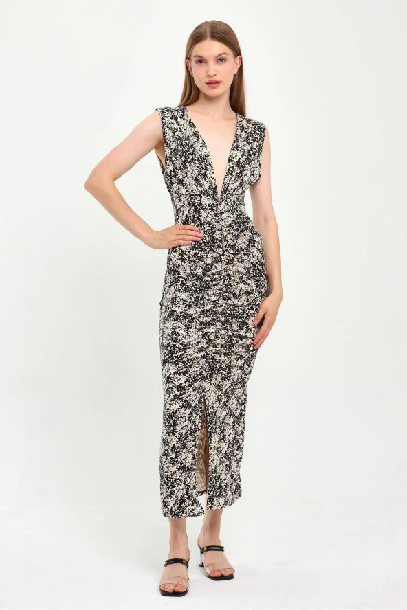 ÖNÜ BÜZGÜLÜ YIRTMAÇLI ELBİSE (B23-00142) - 3