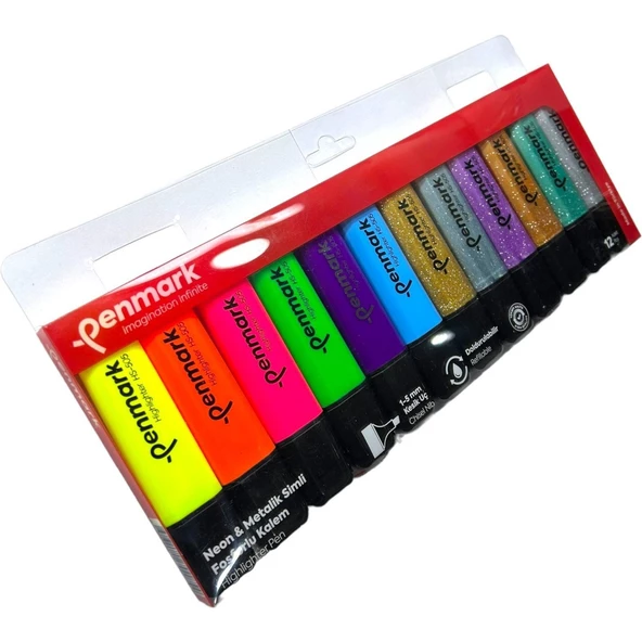 Penmark Fosforlu Kalem 12 Li Karışık Renk 6 Neon + 6 Simli Renkler - 3