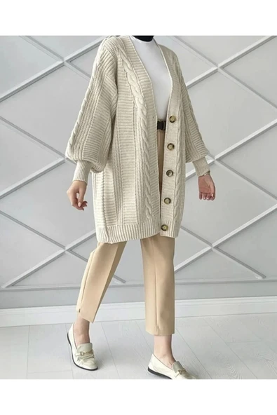 Lugmo Kadın Triko Hırka Akrilik iplik 80 cm Saç Örgülü Taş - 2